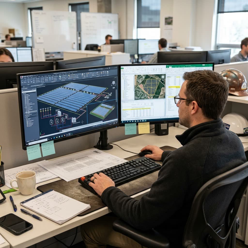 Wizualizacja: projektant instalacji fotowoltaicznej przy pracy – model instalacji PV i schemat elektryczny w programie CAD oraz zestawienie danych na drugim monitorze