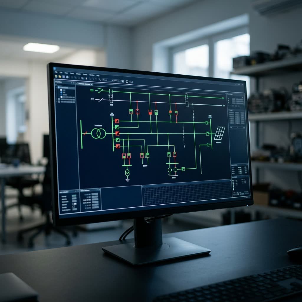 Wizualizacja: schemat jednokreskowy stacji średniego napięcia z transformatorem i instalacją fotowoltaiczną na ekranie systemu telemechaniki